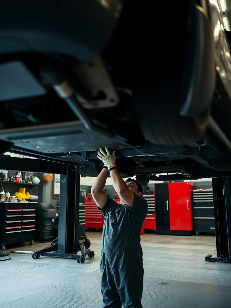 Technician working under a vehicle on a lift in a service bay
