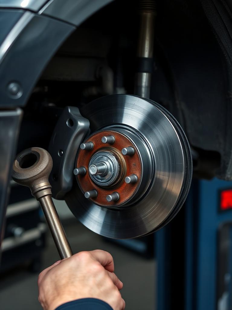 Mechanic servicing brake rotors and pads at a wheel hub