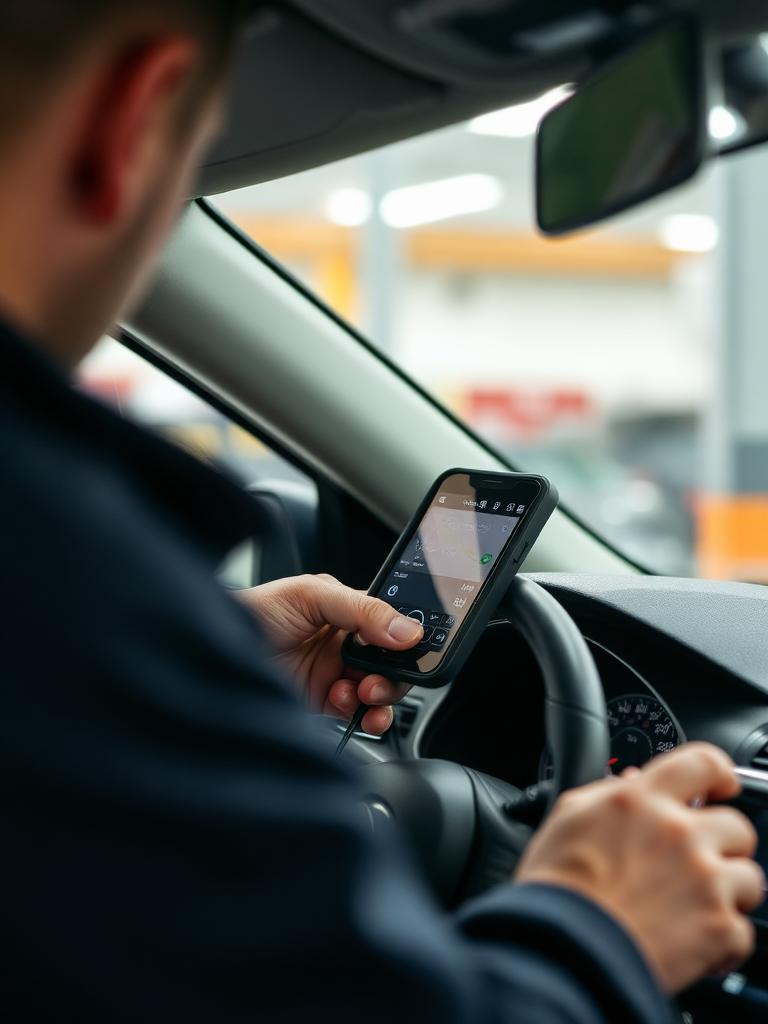 Technician using a scan tool at the dashboard port