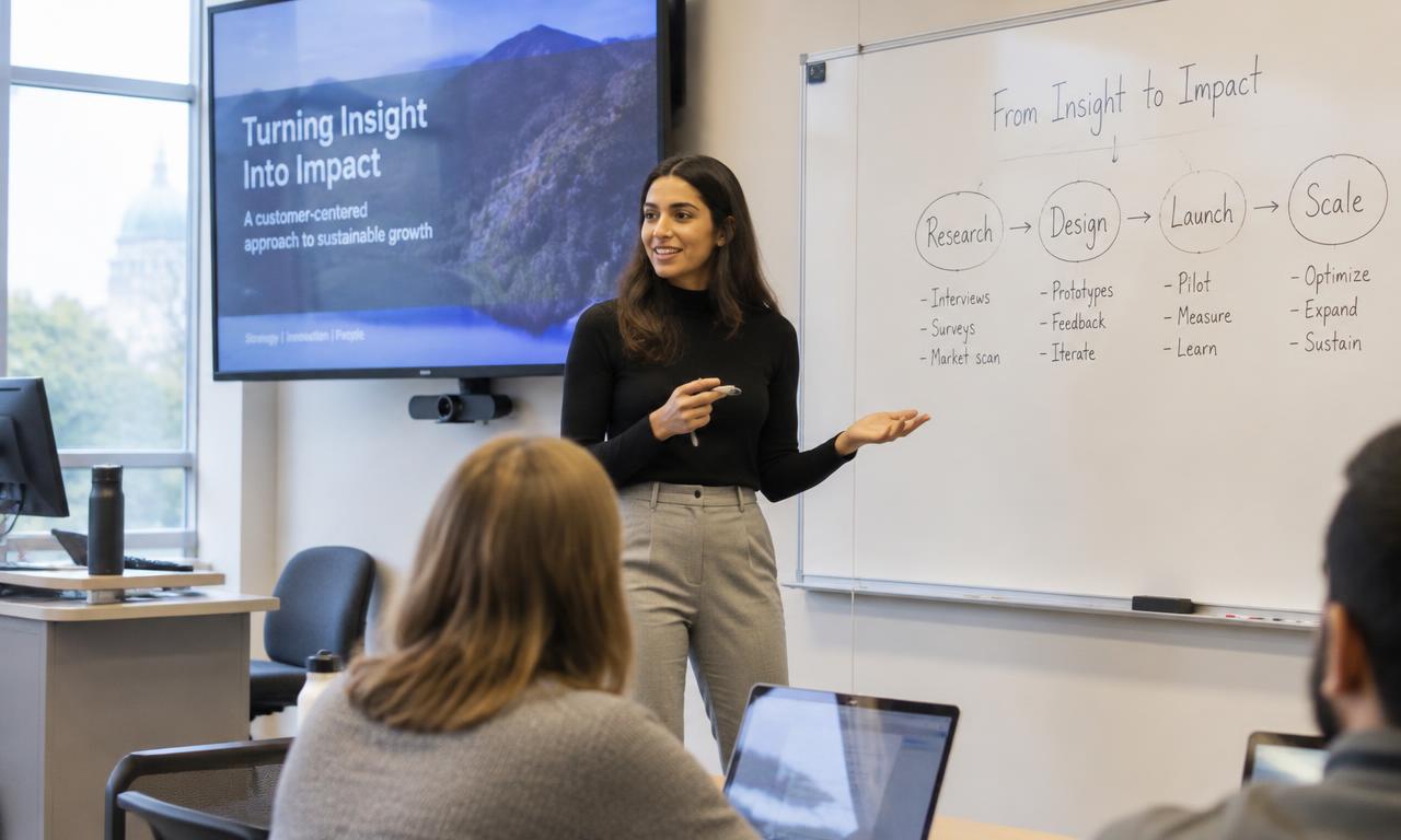 Business student giving a presentation at a whiteboard