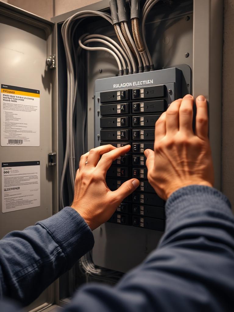 Hands wiring a labeled residential breaker panel