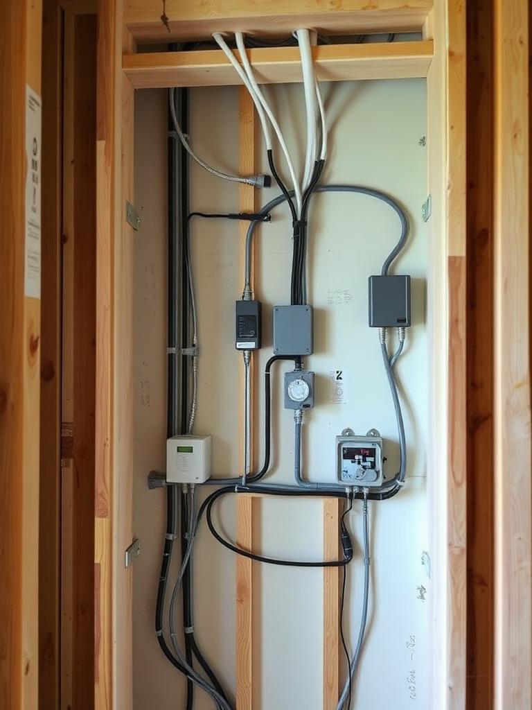 Electrical rough-in with conduit runs and device boxes in a framed wall