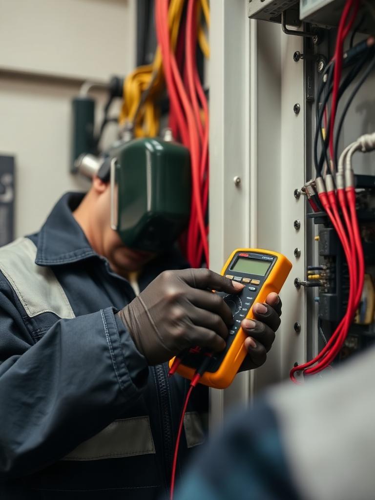 Technician taking readings with a multimeter at an electrical enclosure