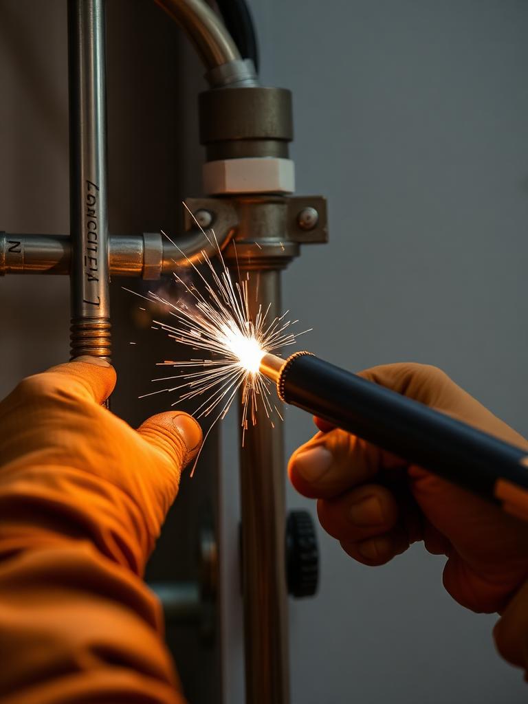Technician brazing a copper line set with a torch