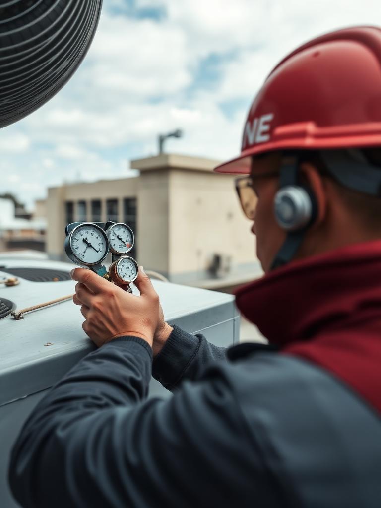 Technician reading manifold gauges at a rooftop unit