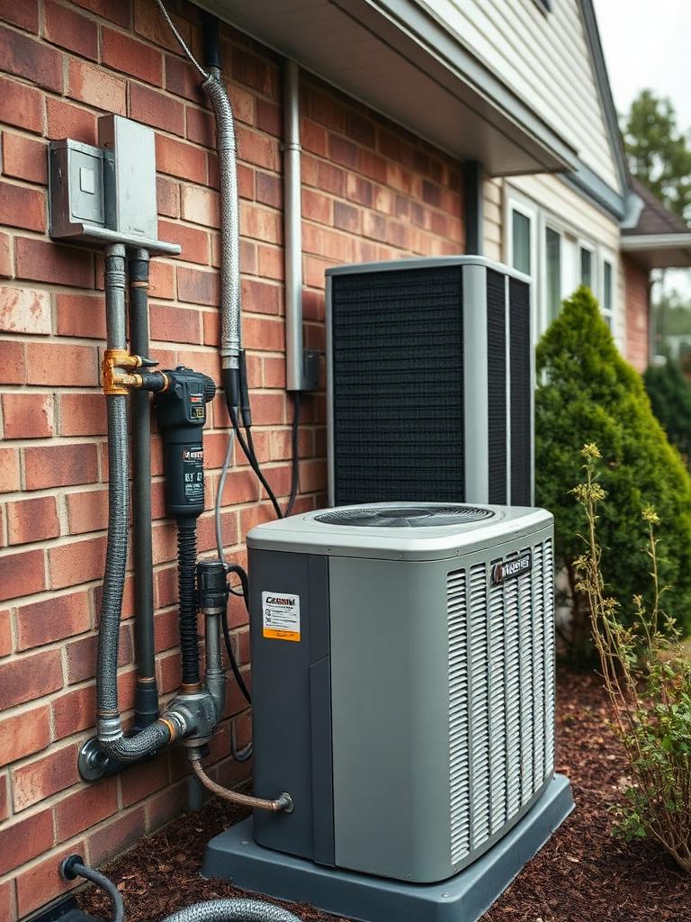 Condenser unit set beside a home with the line set run to the wall