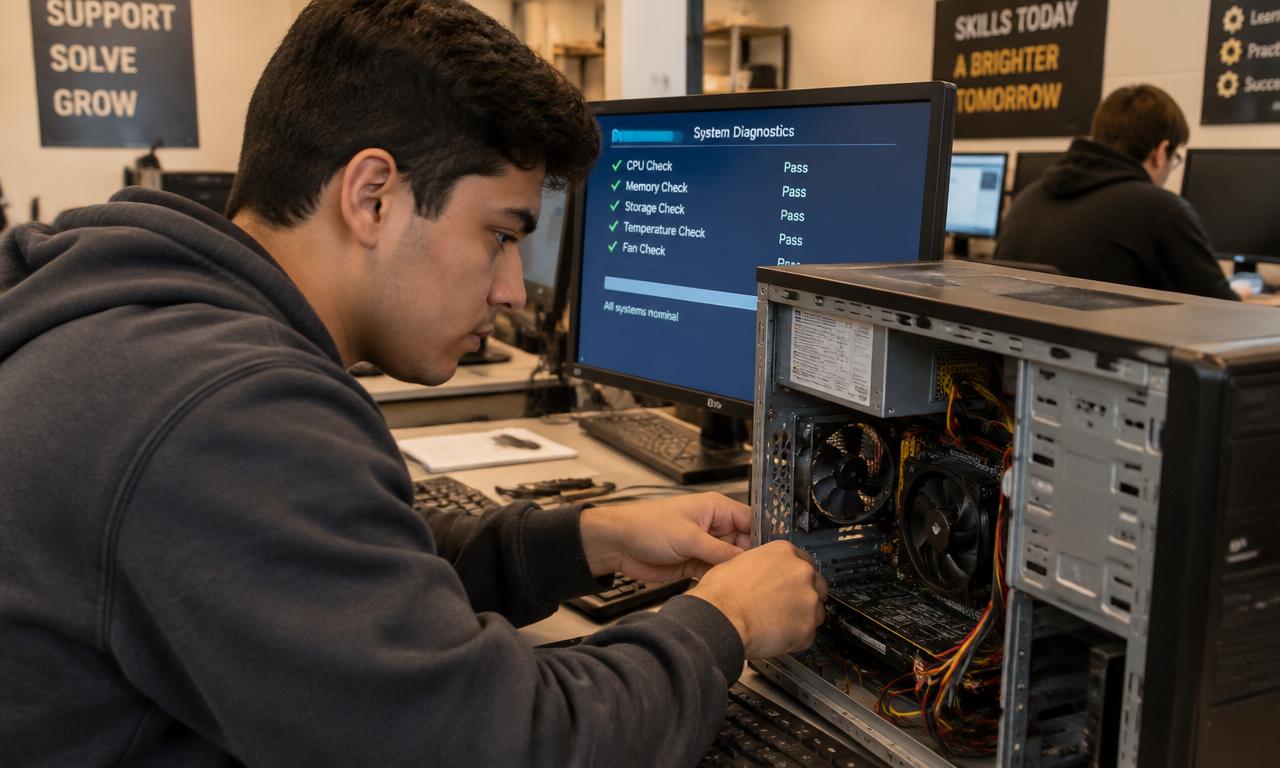 IT support student troubleshooting an open desktop computer