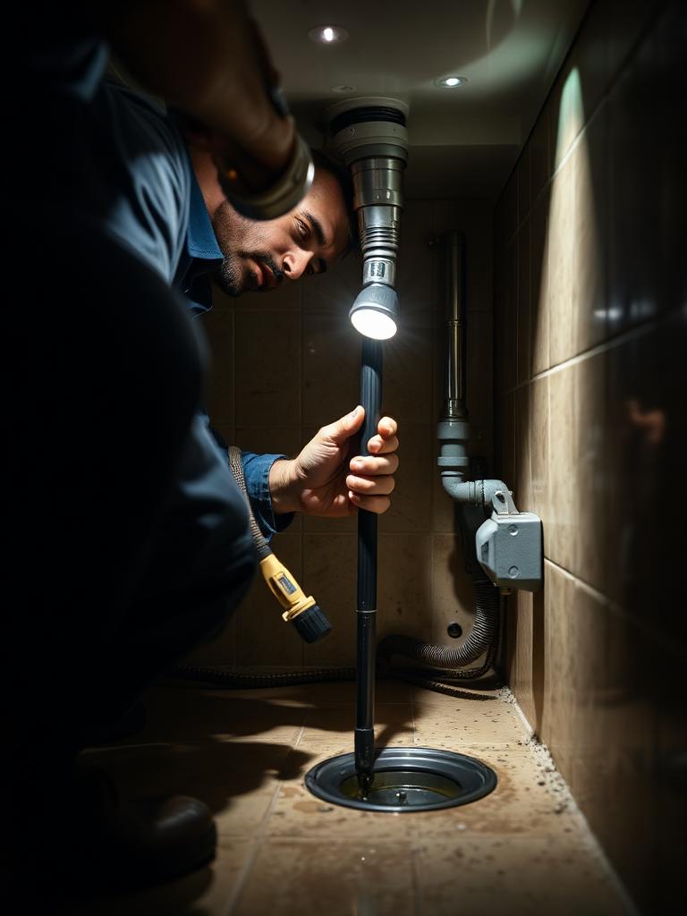 Service plumber clearing a drain line with an auger