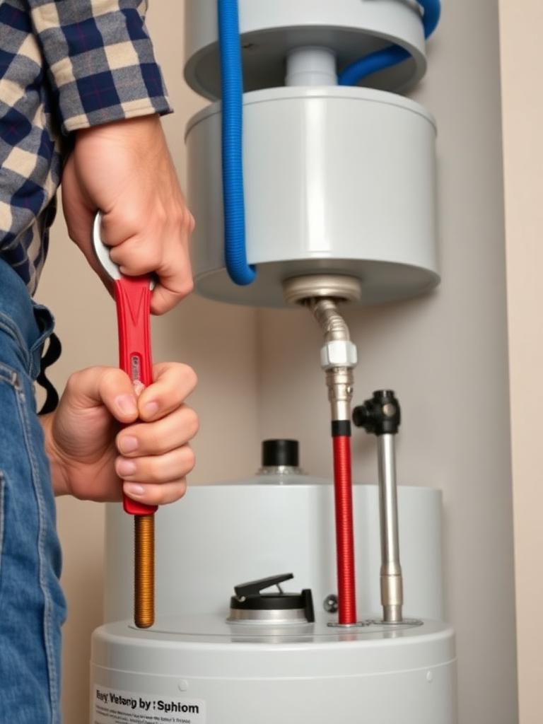 Plumber tightening flex connectors on a new water heater