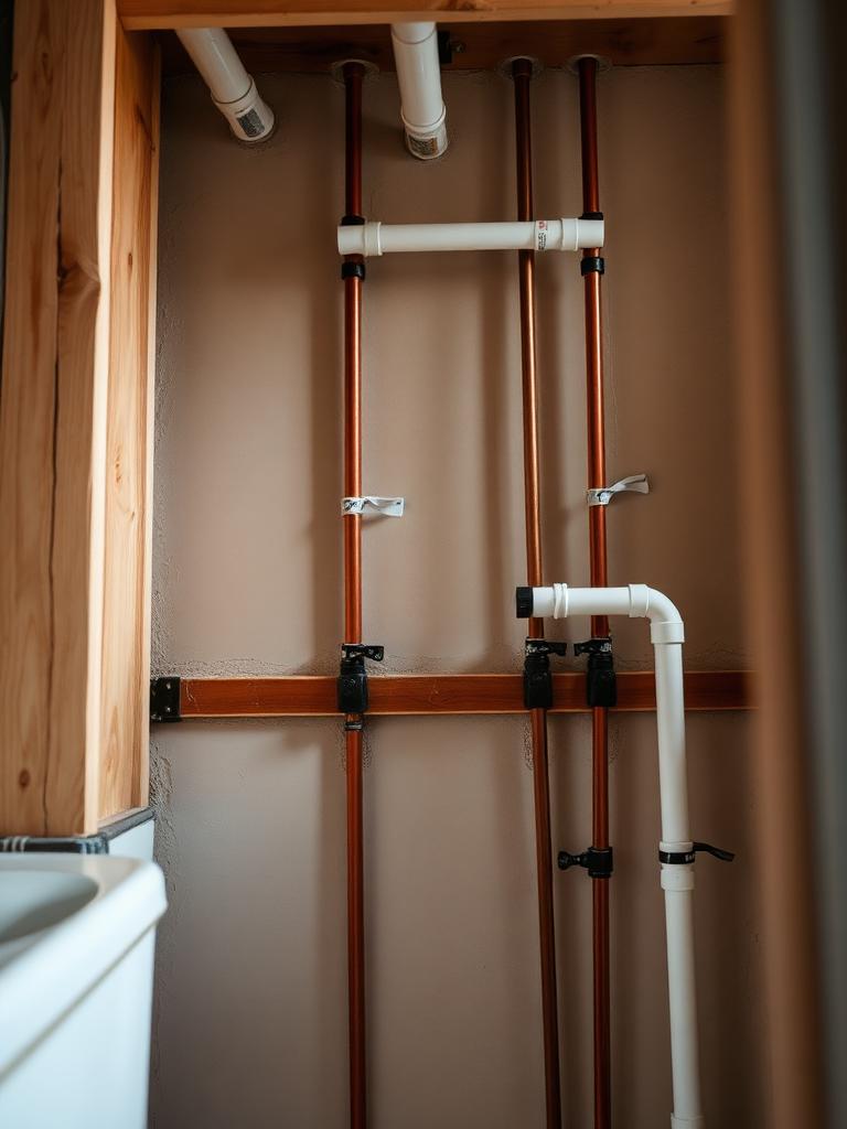 Plumbing rough-in with supply lines strapped inside a framed wall