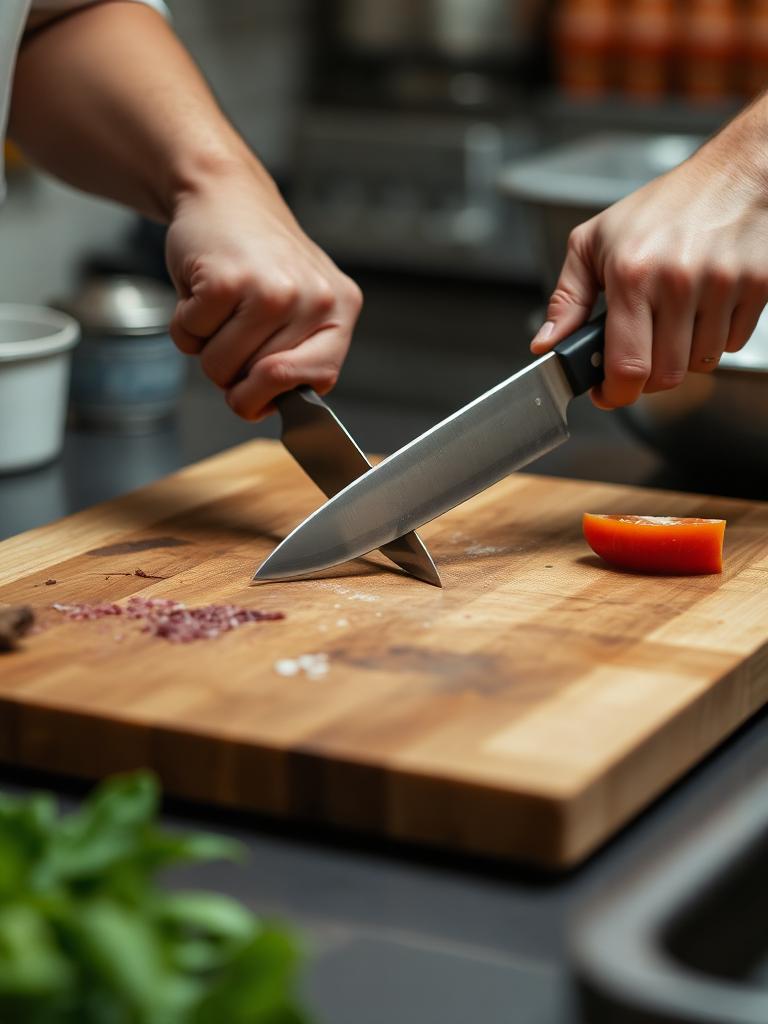 Hands doing fast precise knife work on a prep station board