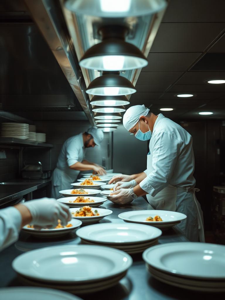 Cooks plating dishes on a busy kitchen line under heat lamps