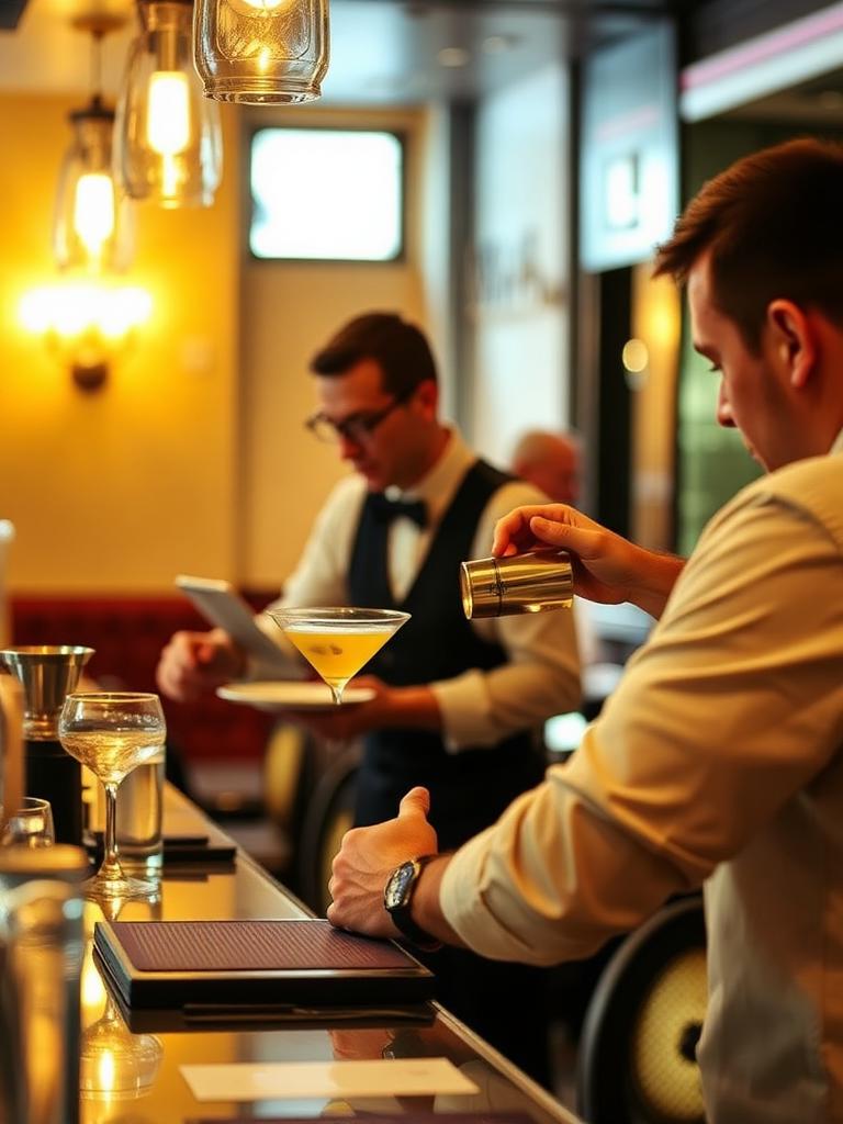 Bartender building drinks while a server carries plates during service